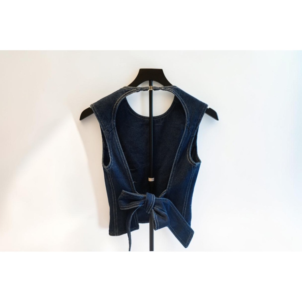 Lioness Dark Wash Denim Open Back Tie Bow Crop Top Small - Picture 9 of 12
